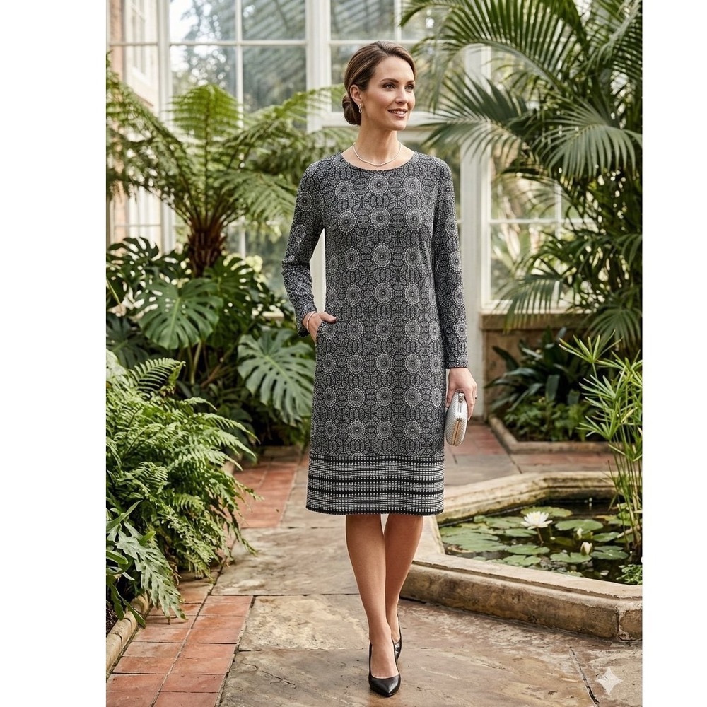 Tacera Womens Black White Geometric Mandala Print Long Sleeve Shift Dress L